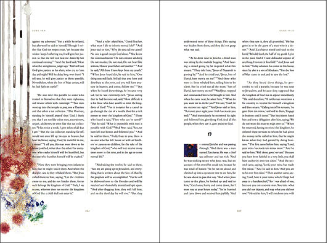 Painted bible page showing Luke 18:4